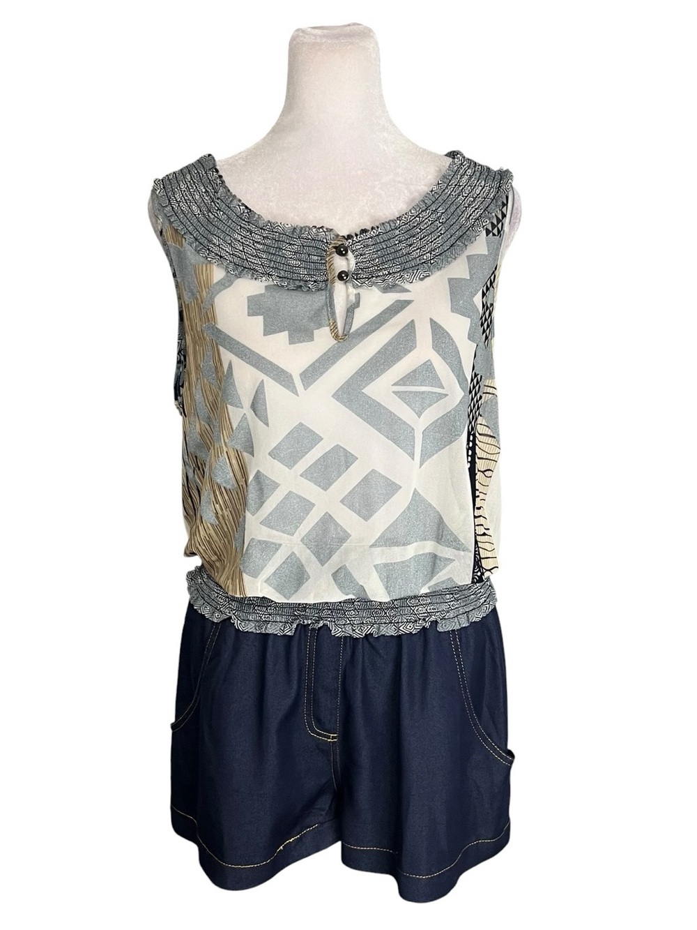 Alberto Makali Ivory Blue Aztec Printed Romper Size Medium